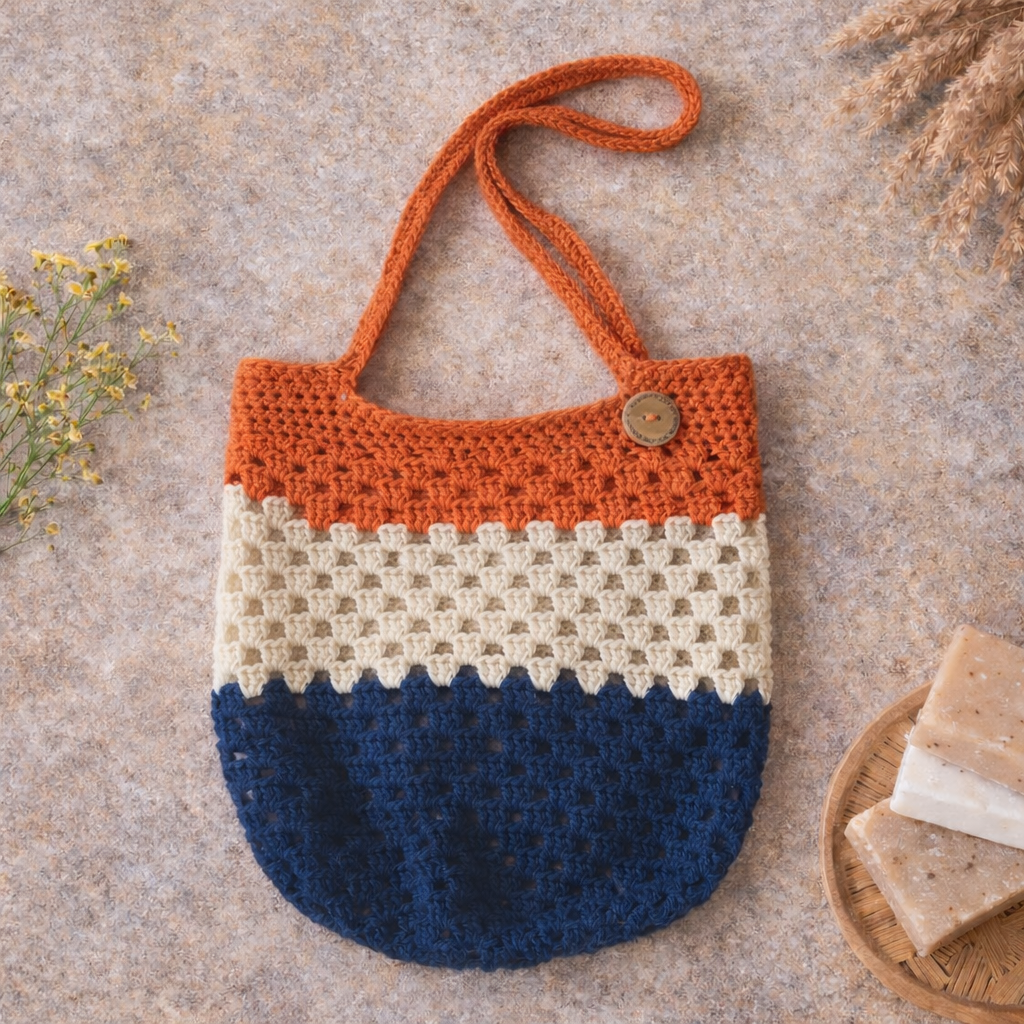 donkerblauwe : crème : oranje tas katoen