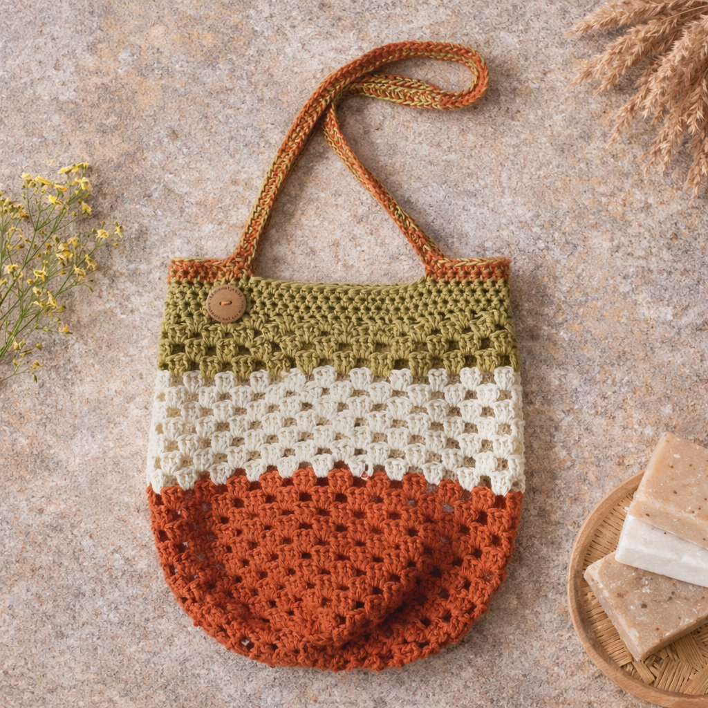 roestbruine : crème : olijfgroene schoudertas katoen